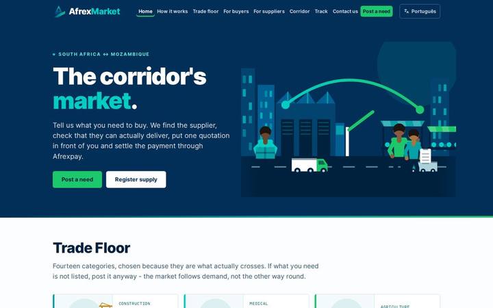 The AfrexMarket homepage as built by in3Days Africa