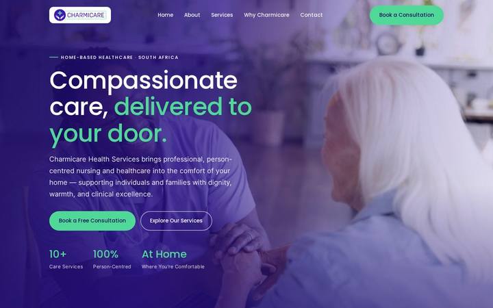 The Charmicare homepage as built by in3Days Africa