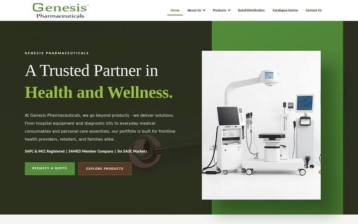 The Genesis Pharmaceuticals homepage as built by in3Days Africa