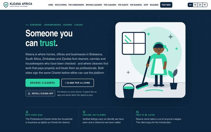 The Kleana homepage as built by in3Days Africa