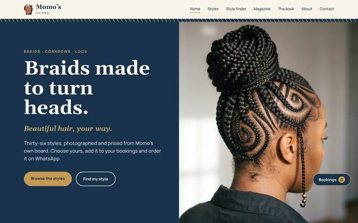 The Momo&rsquo;s Hairdo homepage as built by in3Days Africa