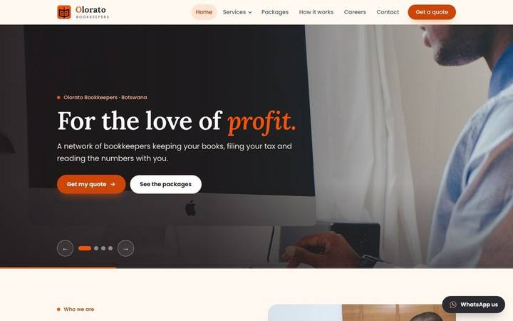 The Olorato Bookkeepers homepage as built by in3Days Africa