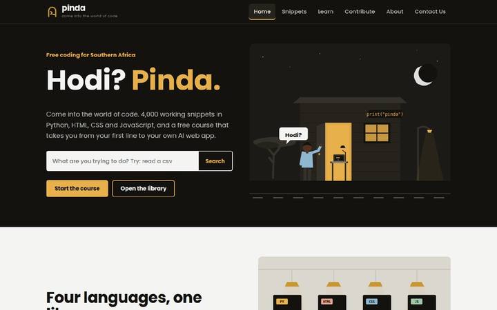 The Pinda homepage as built by in3Days Africa
