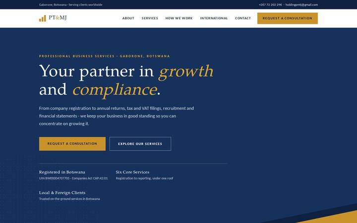 The P T & M J homepage as built by in3Days Africa