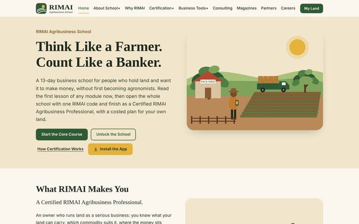 The RIMAI Agribusiness School homepage as built by in3Days Africa
