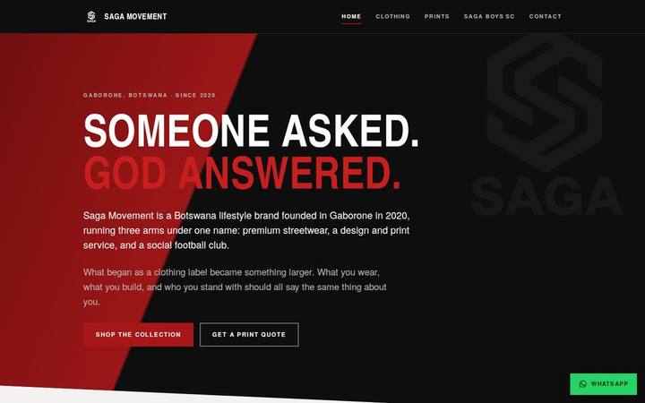 The SAGA Movement homepage as built by in3Days Africa